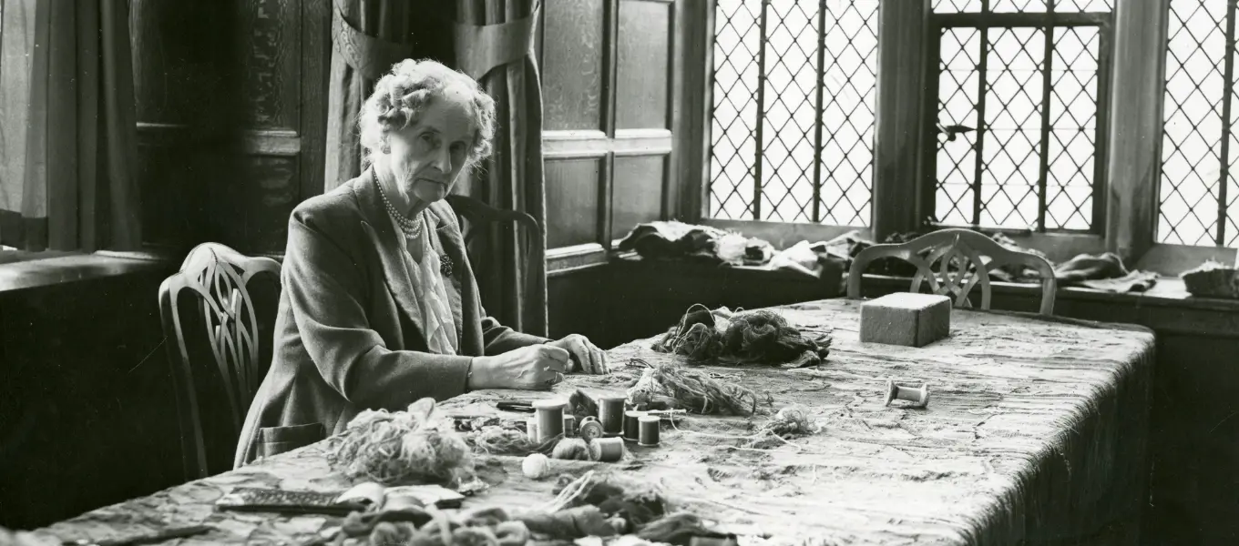 Duchess Evelyn mending a tapestry at Hardwick Hall