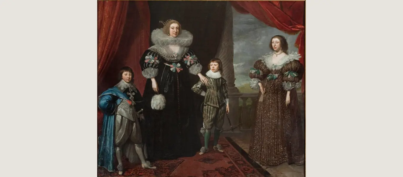 Christian Bruce (centre) with son Charles (left), William, 3rd Earl of Devonshire (centre right), and daughter Ann. Painting by Daniel Mytens. c1629